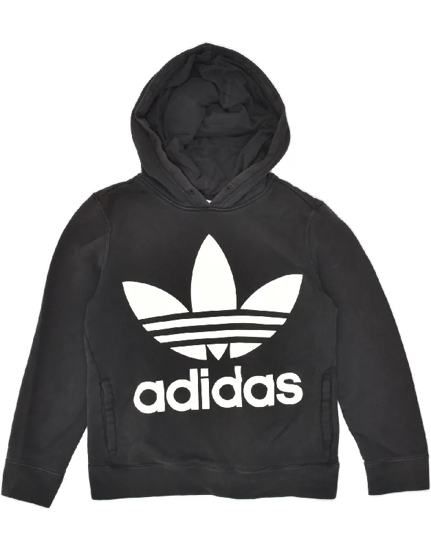 ADIDAS Womens Graphic Hoodie Jumper UK 8 Small Black Cotton Hoodie with Hem Contrast Bold Stylish