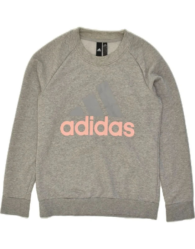 ADIDAS Womens Graphic Sweatshirt Jumper UK 12-14 Medium Grey Cotton Hoodie with Distressed Vintage Worn