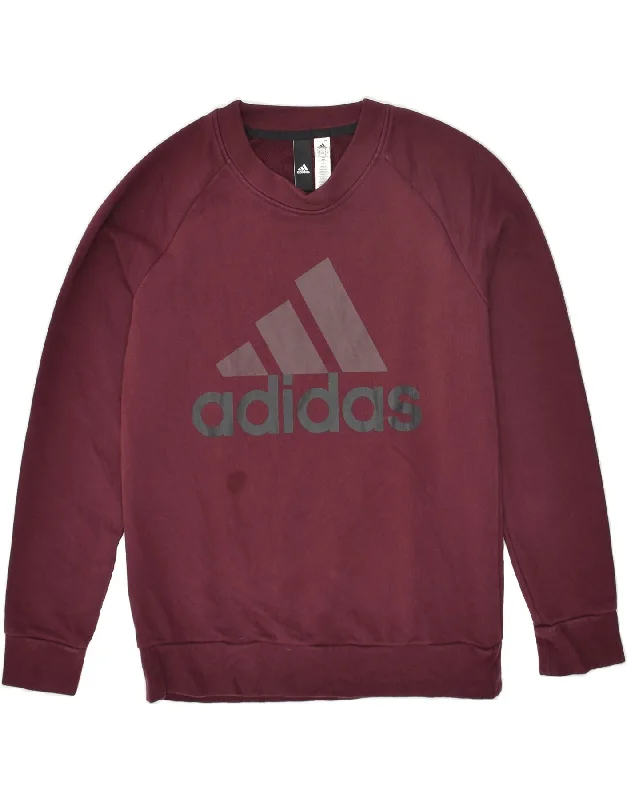 ADIDAS Womens Graphic Sweatshirt Jumper UK 12/14 Medium Maroon Cotton Hoodie with Hem Applique Textured Unique