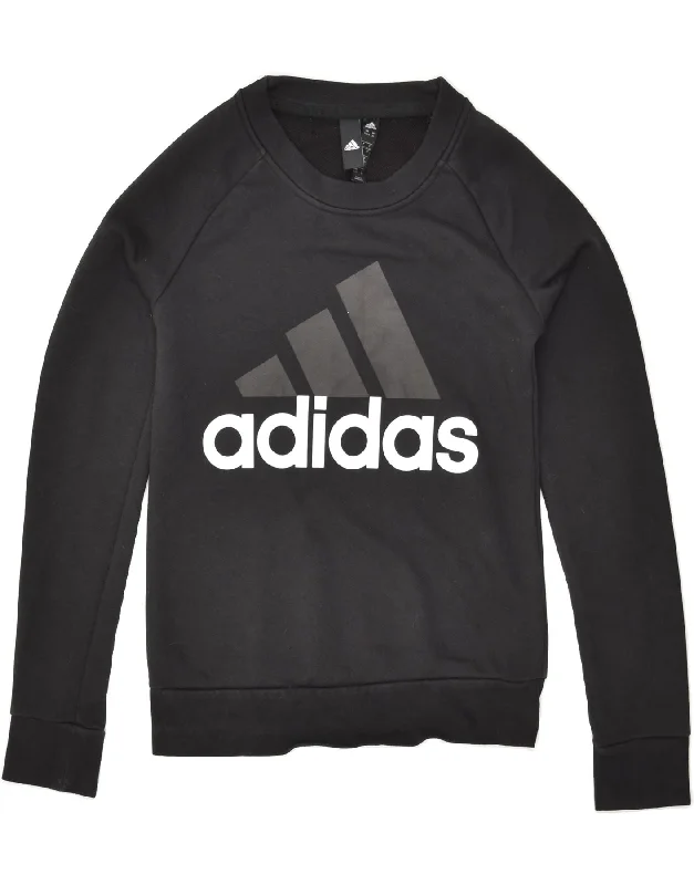 ADIDAS Womens Graphic Sweatshirt Jumper UK 4/6 XS Black Cotton Hoodie with Hood Adjustable Protection