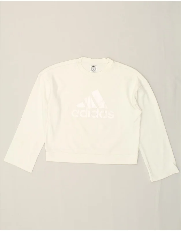 ADIDAS Womens Graphic Sweatshirt Jumper UK 8/10 Small White Cotton Hoodie with High-Low Hem Asymmetrical Trendy