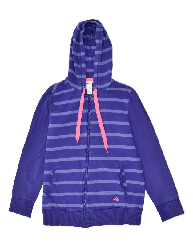 ADIDAS Womens Hoodie Jumper UK 12/14 Medium Blue Striped Cotton Hoodie with Velcro Closure Adjustable Secure