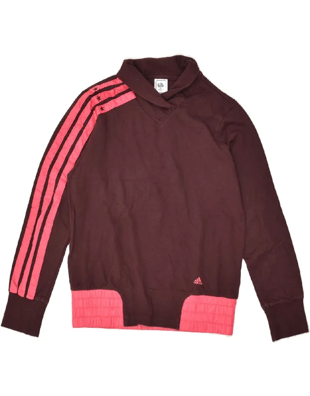 ADIDAS Womens Shawl Neck Sweatshirt Jumper UK 14 Large Maroon Cotton Hoodie with Print Artistic Unique