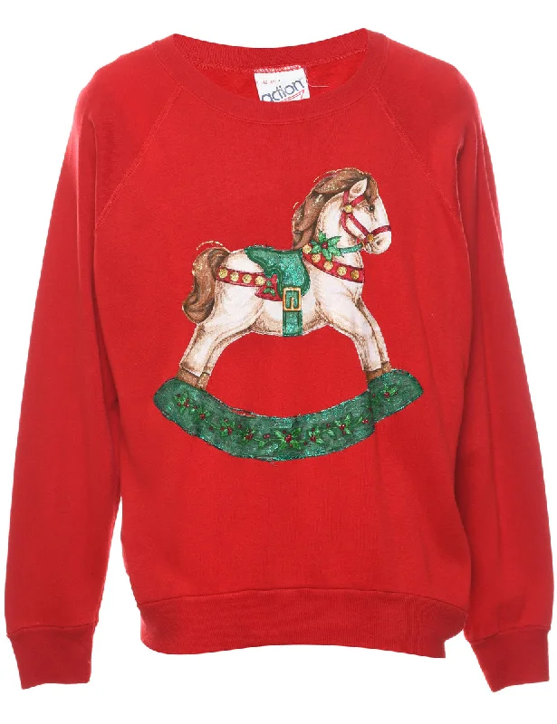 Animal Design Christmas Sweatshirt - L Hoodie with High-Low Hem Asymmetrical Trendy