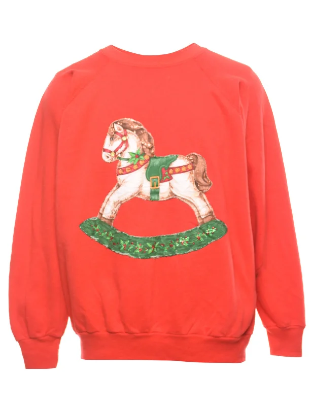 Animal Design Christmas Sweatshirt - L Hoodie with Side Slits Relaxed Casual