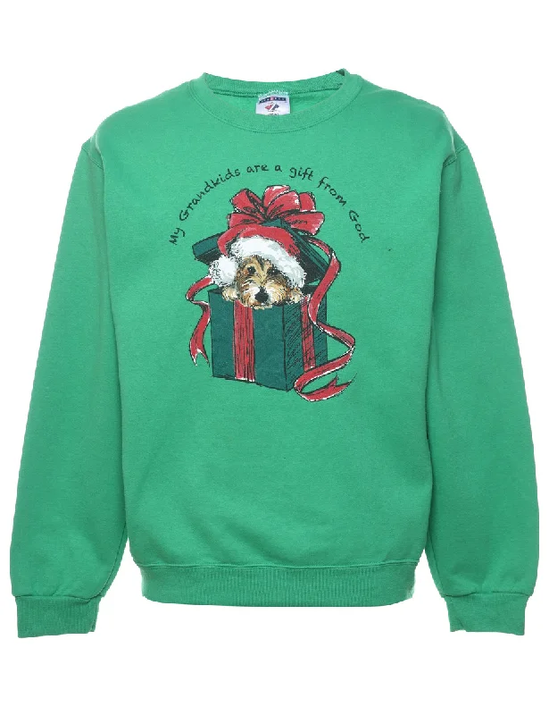 Animal Design Christmas Sweatshirt - M Hoodie with Hem Applique Textured Unique