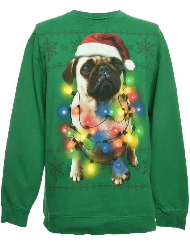 Animal Design Green Christmas Sweatshirt - L Hoodie Dress Longline Feminine