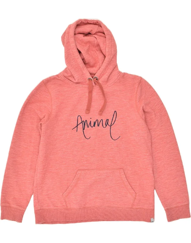 ANIMAL Womens Graphic Hoodie Jumper UK 14 Large Pink Cotton Hoodie with Hem Patch Decorative Personalized