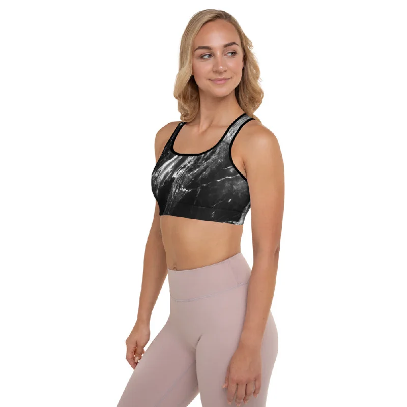 Black Marble Padded Sports Bra, Abstract Marbled Print Women's Gym Bra-Made in USA/EU/MX Smooth Stretch Bra