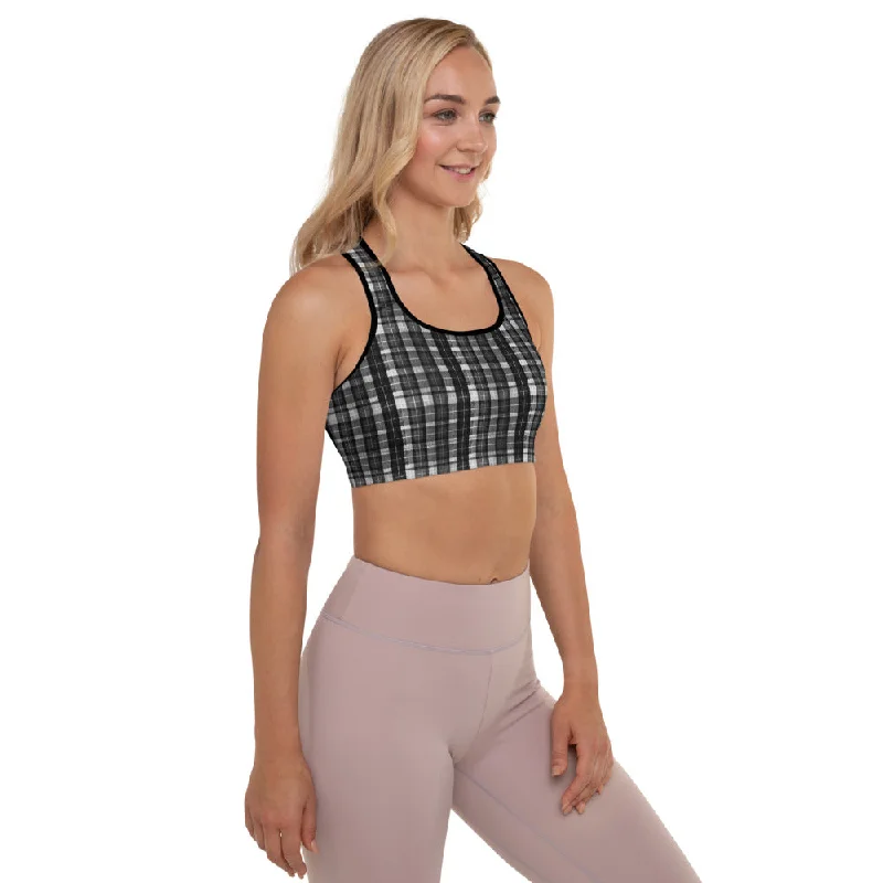 Black Plaid Print Workout Bra, White Black Scottish Plaid Printed Women's Padded Sports Bra Supportive Wireless Bra