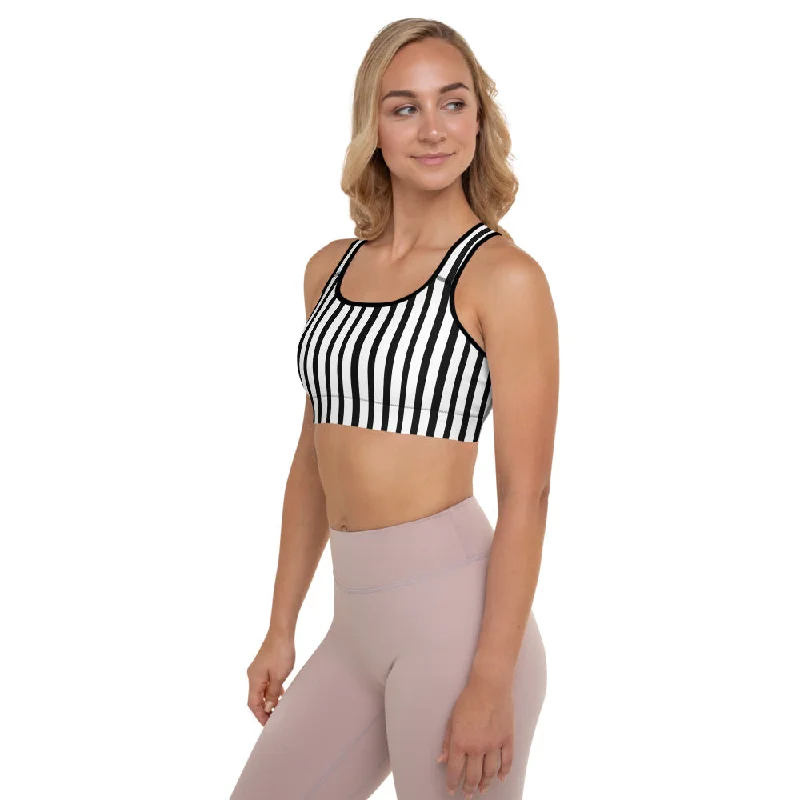 Black Striped Padded Sports Bra, Women's Yoga Best Modern Workout Bra-Made in USA/EU Stylish Strapless Bra