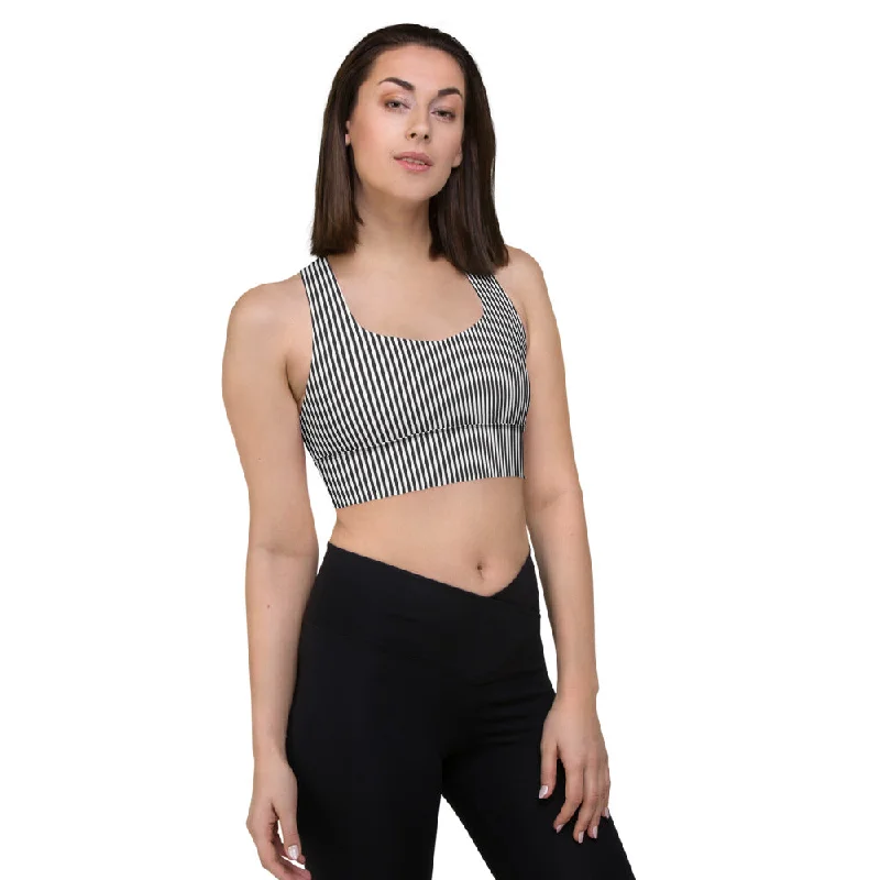 Black White Striped Sports Bra, Best Vertical Stripes Longline Sports Bra For Ladies-Made in USA/EU/MX Active Wear Bra