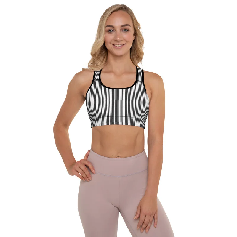 Black White Striped Sports  Bra, Vertically Striped Padded Sports Bra For Ladies-Made in USA/EU/MX Adjustable Comfort Bra