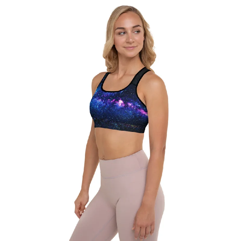 Blue Galaxy Padded Sports Bra, Purple Space Print Women's Workout Gym Bra-Made in USA/EU/MX Soft Cup Bra