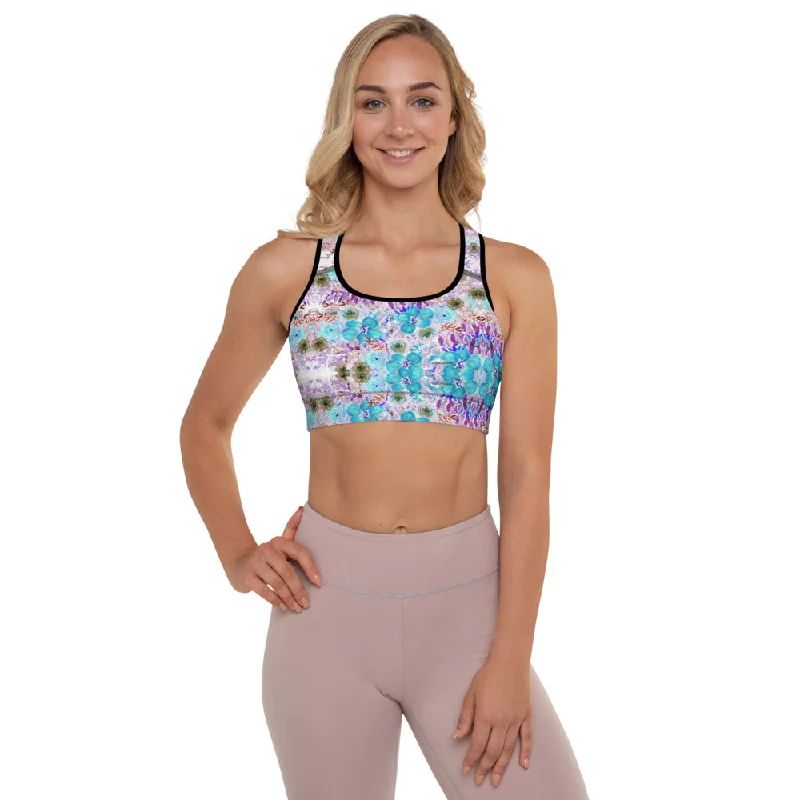 Blue Rose Padded Sports Bra, Purple Mixed Floral Print Women's Workout Bra-Made in USA/EU/MX Stretchy Wireless Bra