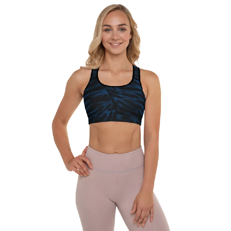 Blue Tiger Padded Sports Bra, Animal Stripes Print Workout Bra For Ladies-Made in USA/EU Floral Lace Bra