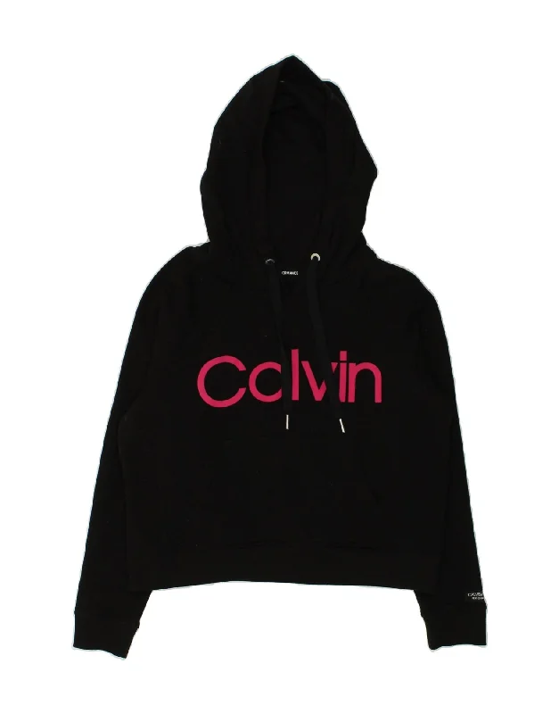 CALVIN KLEIN Womens Crop Graphic Hoodie Jumper UK 10 Small Black Cotton Hoodie with Contrast Stitching Detailed Premium