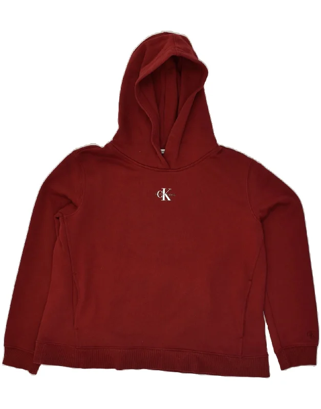 CALVIN KLEIN Womens Graphic Hoodie Jumper UK 14 Medium Burgundy Cotton Hoodie with Zipper Versatile Modern