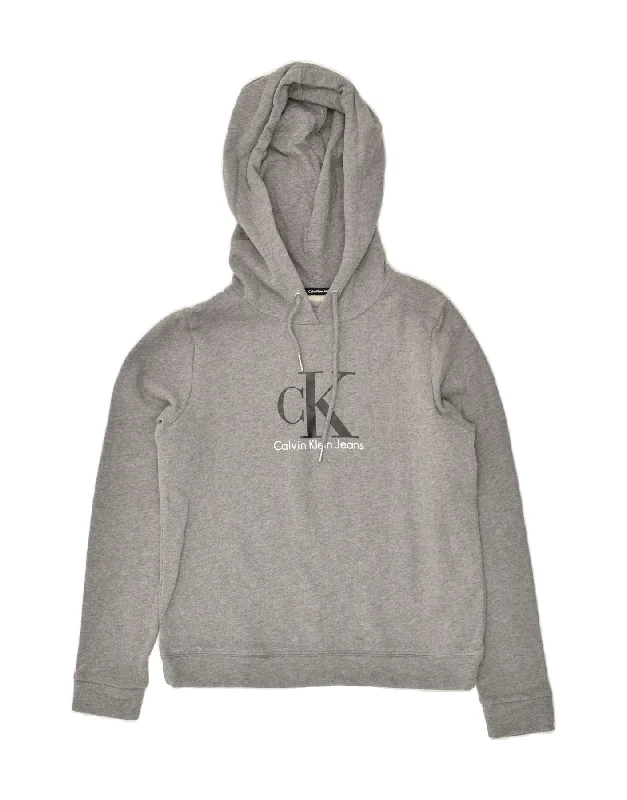 CALVIN KLEIN Womens Graphic Hoodie Jumper UK 6 XS Grey Cotton Hoodie with Snap Buttons Easy Quick