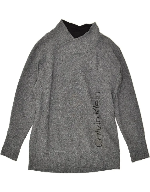 CALVIN KLEIN Womens Graphic Shawl Neck Sweatshirt Jumper UK 18 XL Grey Hoodie with Emblem Brand Identity