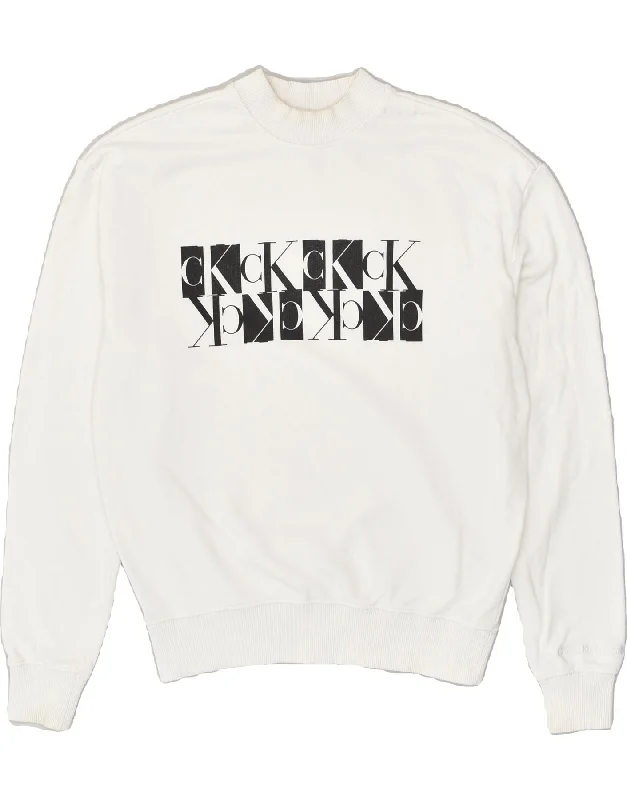 CALVIN KLEIN Womens Loose Fit Graphic Sweatshirt Jumper UK 6 XS White Hoodie with Mock Neck Collared Structured