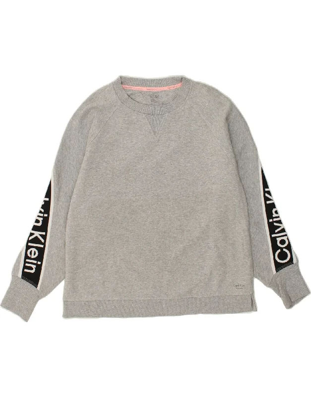 CALVIN KLEIN Womens Oversized Graphic Sweatshirt Jumper UK 16 Large Grey Hoodie with Thumb Holes Functional Cozy