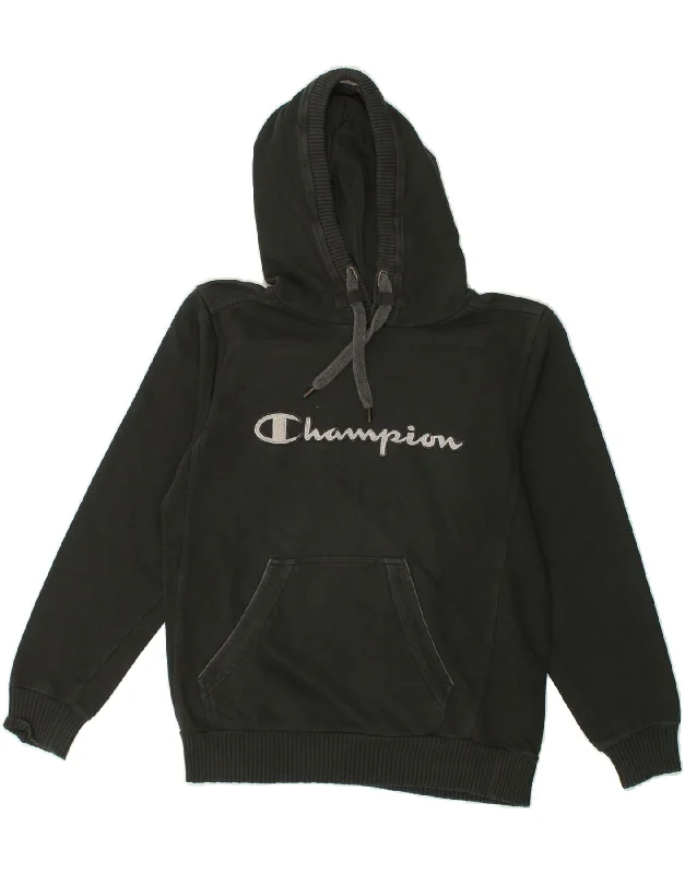 CHAMPION Womens Graphic Hoodie Jumper Small Black Cotton Hoodie with Elastic Cuffs Stretchable Comfortable