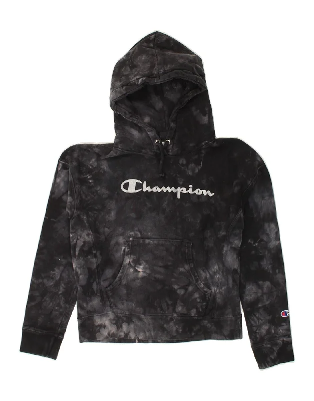 CHAMPION Womens Graphic Hoodie Jumper UK 10 Small Black Tie Dye Cotton Hoodie with Lining Warm Insulated