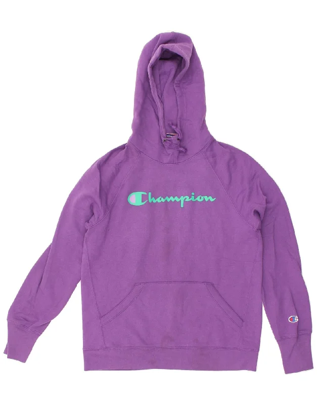 CHAMPION Womens Graphic Hoodie Jumper UK 10 Small Purple Cotton Hoodie with Logo Branding Identity