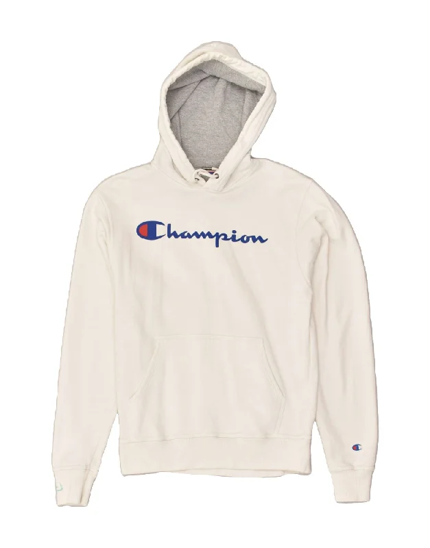 CHAMPION Womens Graphic Hoodie Jumper UK 10 Small White Cotton Hoodie with Strings Custom Fit Adjustable