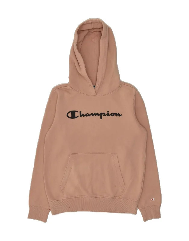 CHAMPION Womens Graphic Hoodie Jumper UK 12 Medium Beige Cotton Hoodie with Drawcord Adjustable Secure