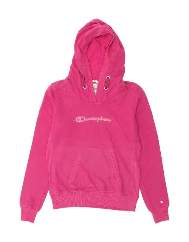 CHAMPION Womens Graphic Hoodie Jumper UK 12 Medium Pink Cotton Hoodie with Oversized Fit Loose Comfortable