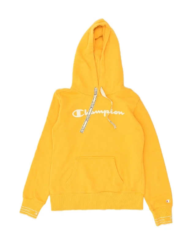 CHAMPION Womens Graphic Hoodie Jumper UK 12 Medium Yellow Cotton Hoodie with Embroidery Detailed Premium