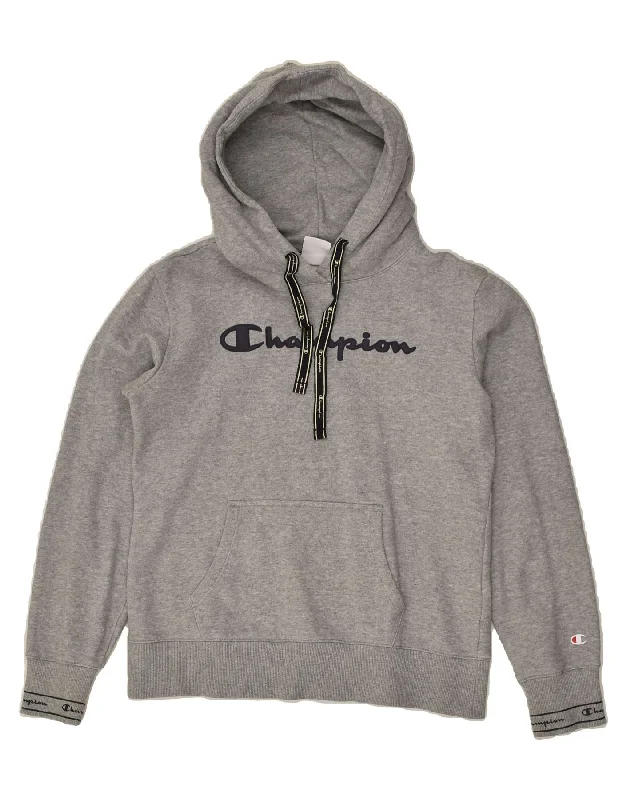 CHAMPION Womens Graphic Hoodie Jumper UK 14 Large Grey Cotton Hoodie with Fur Luxurious Winter