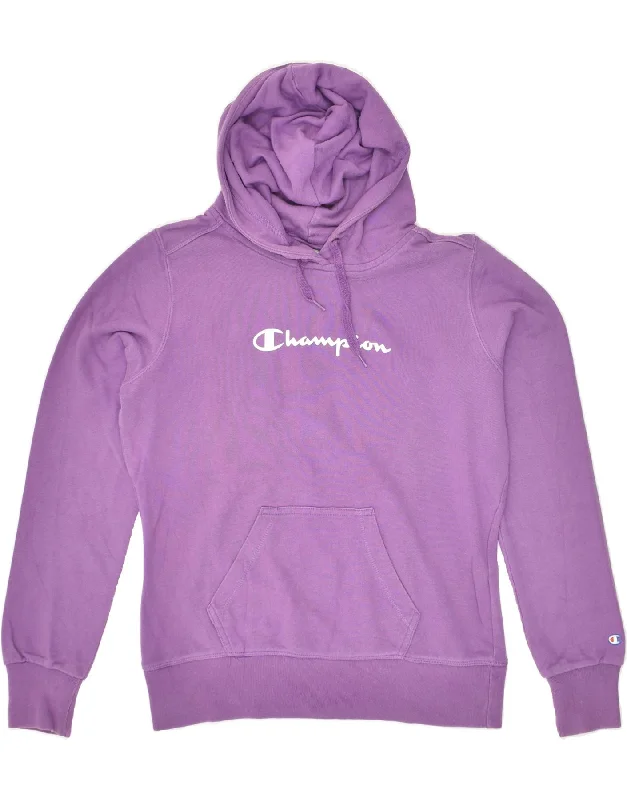 CHAMPION Womens Graphic Hoodie Jumper UK 14 Medium Purple Cotton Hoodie with Emblem Brand Identity