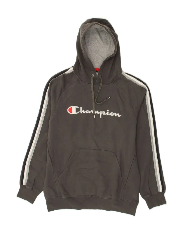 CHAMPION Womens Graphic Hoodie Jumper UK 16 Large Grey Cotton Hoodie with Thumb Holes Functional Cozy