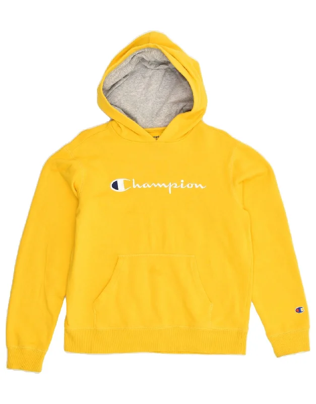 CHAMPION Womens Graphic Hoodie Jumper UK 18 XL Yellow Cotton Hoodie with Mock Neck Collared Structured