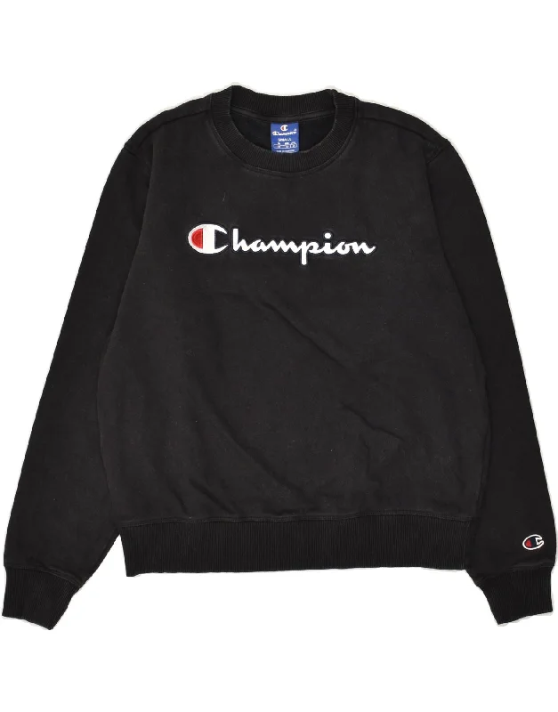 CHAMPION Womens Graphic Sweatshirt Jumper UK 10 Small Black Cotton Hoodie with Color Block Contrast Stylish