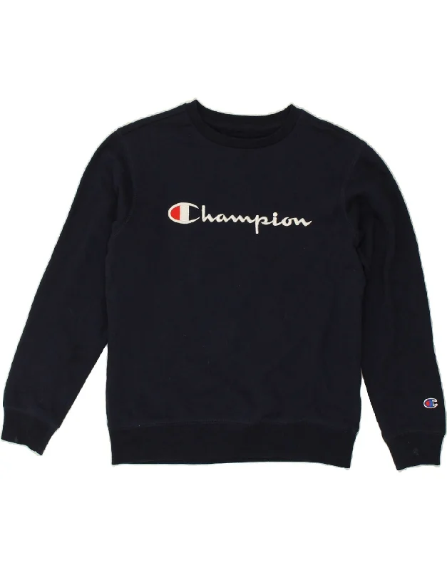 CHAMPION Womens Graphic Sweatshirt Jumper UK 14 Large Navy Blue Cotton Hoodie with Hidden Zipper Minimalist Clean