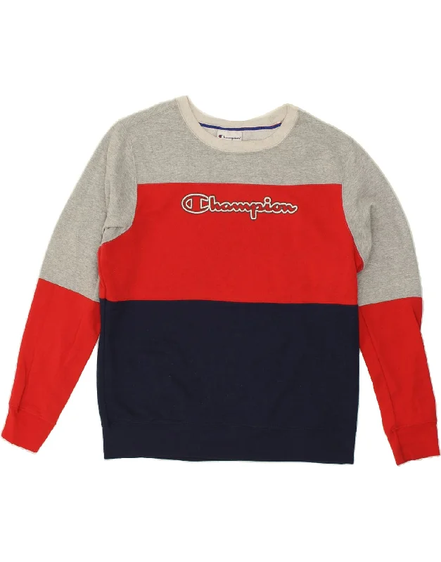 CHAMPION Womens Graphic Sweatshirt Jumper UK 16 Large Red Colourblock Hoodie with Button Placket Classic Preppy