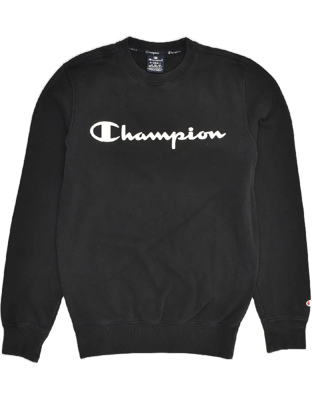 CHAMPION Womens Graphic Sweatshirt Jumper UK 6 XS Black Cotton Hoodie with Hem Detail Decorative Unique