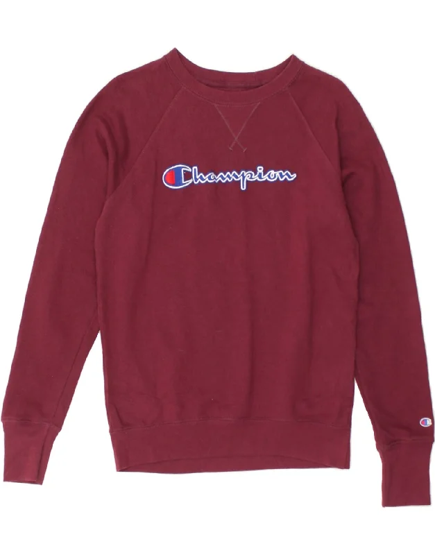 CHAMPION Womens Graphic Sweatshirt Jumper UK 6 XS Burgundy Hoodie with Turtle Neck Cozy Winter