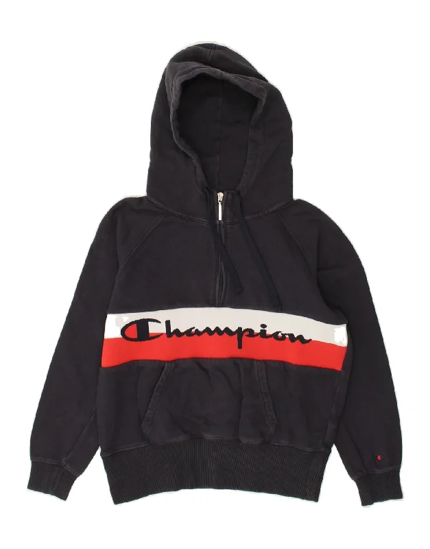 CHAMPION Womens Graphic Zip Neck Hoodie Jumper UK 10 Small Navy Blue Hoodie with Frayed Bohemian Relaxed