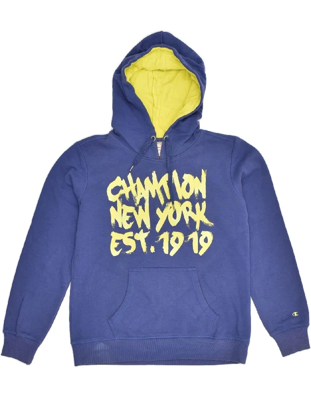 CHAMPION Womens Heritage Fit Graphic Hoodie Jumper UK 12 Medium Blue Hoodie with Embroidery Detailed Premium