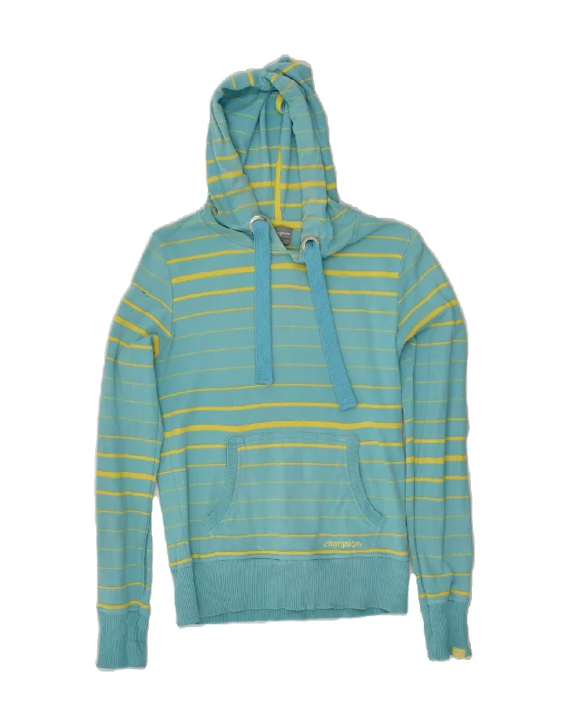 CHAMPION Womens Hoodie Jumper UK 12 Medium Turquoise Striped Cotton Hoodie with Hem Ribbing Snug Secure