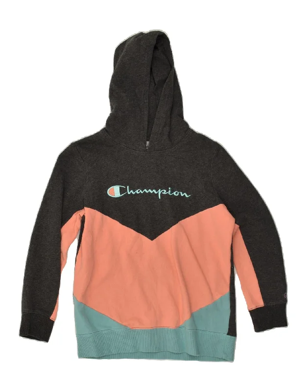 CHAMPION Womens Slim Graphic Hoodie Jumper UK 18 XL Grey Colourblock Hoodie with Snap Buttons Easy Quick