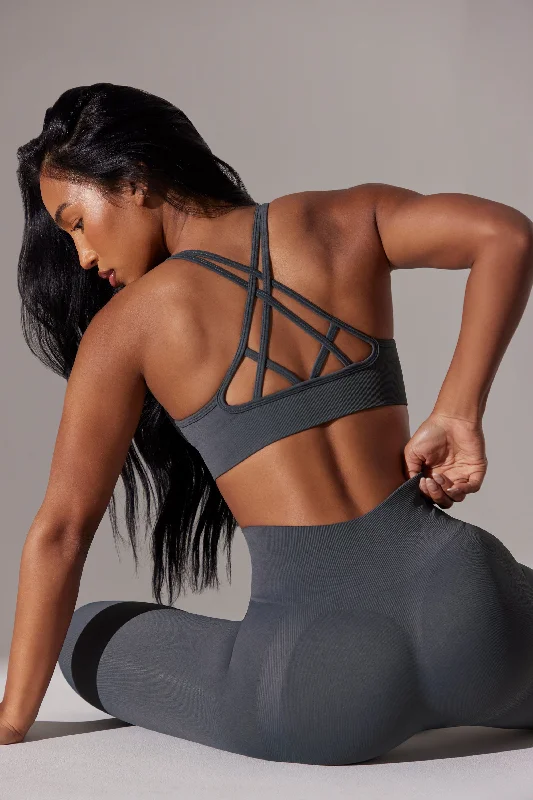 Scoop Neck Multi Strap Sports Bra in Grey Light Padded Bra