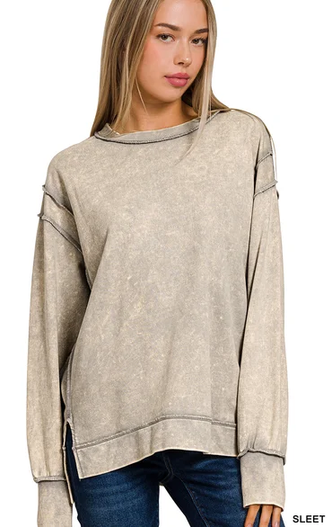 Daria - Acid Wash Slit Seam Sweatshirt in Sleet Grey Hoodie with Drawstring Waist Adjustable Fitted