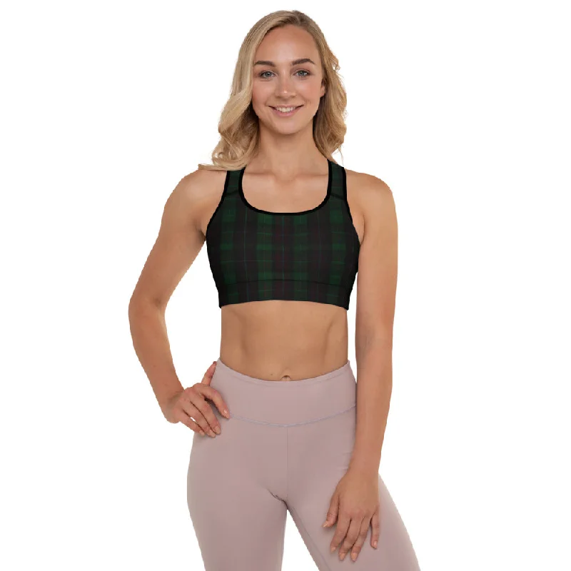 Green Plaid Print Gym Bra, Scottish Style Plaid Print Ladies' Designer Padded Sports Bra-Made in USA/EU/MX Lightweight Cotton Bra