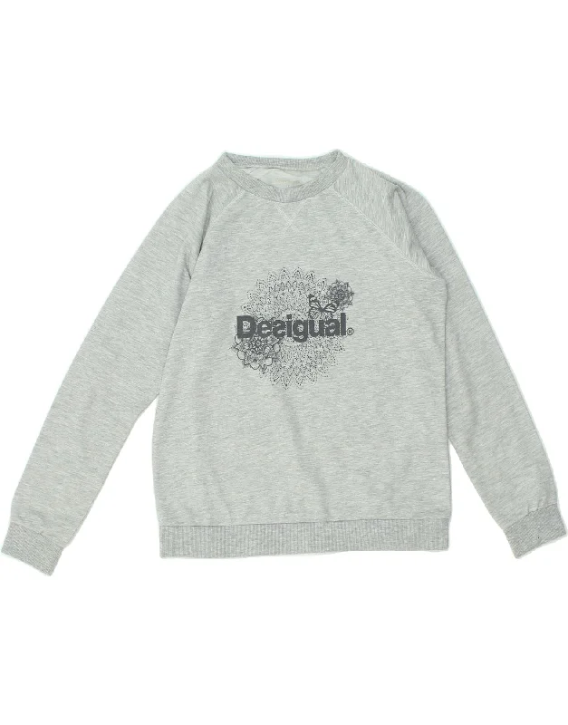 DESIGUAL Womens Graphic Sweatshirt Jumper UK 14 Large Grey Polyester Hoodie with Rolled Sleeves Casual Relaxed